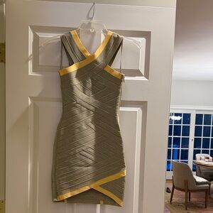 Elegant shimmery green & gold/yellow Bandage Dress